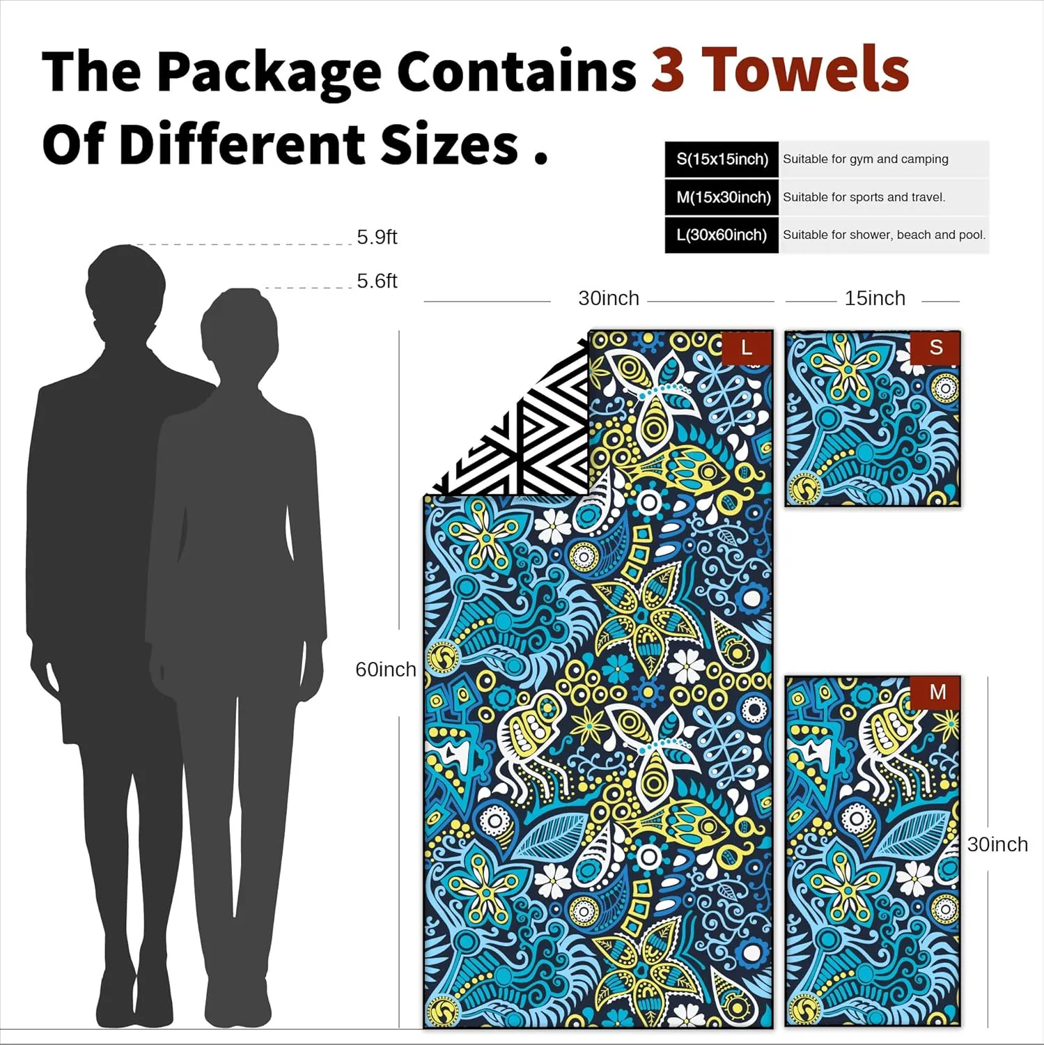 4Monster Camping Towels 3 Size at 1 Pack,Quick Dry Microfiber Towel,Beach Travel Towel Ultra Compact,Soft Gym Towel for Hiking Yoga Travel Sports Backpacking Trip and Pool