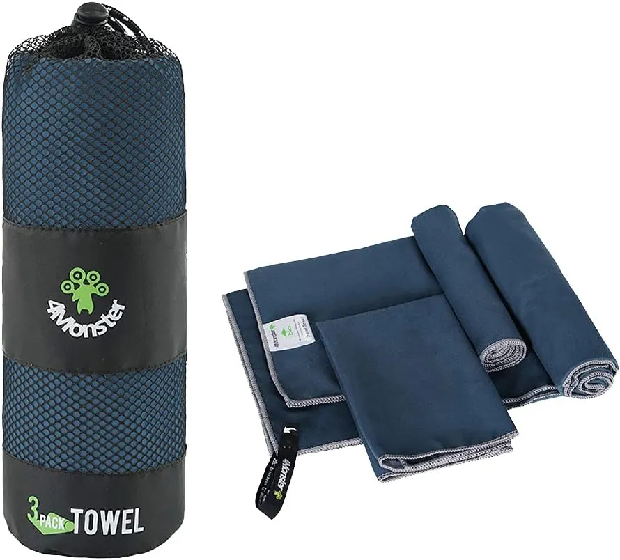 4Monster Camping Towels 3 Size at 1 Pack,Quick Dry Microfiber Towel,Beach Travel Towel Ultra Compact,Soft Gym Towel for Hiking Yoga Travel Sports Backpacking Trip and Pool
