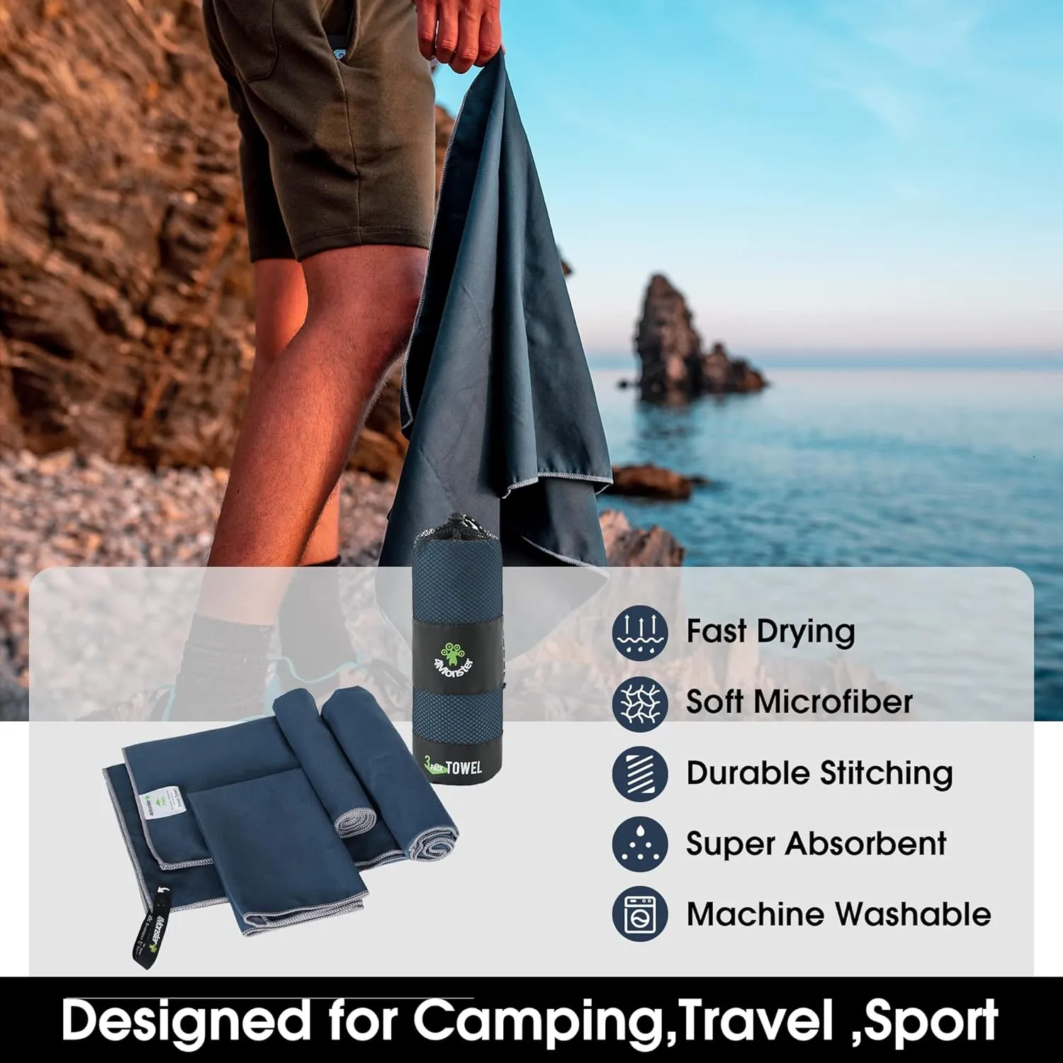 4Monster Camping Towels 3 Size at 1 Pack,Quick Dry Microfiber Towel,Beach Travel Towel Ultra Compact,Soft Gym Towel for Hiking Yoga Travel Sports Backpacking Trip and Pool