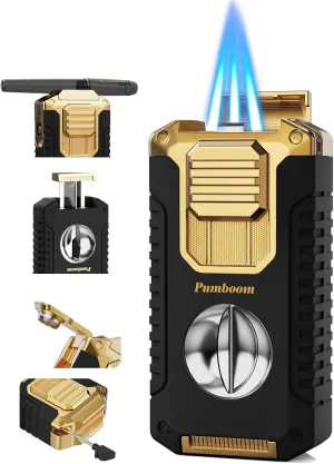 5-in-1 Torch Lighter with V Cutter, Punch, Holder, Draw Enhancer Tool, and Triple Windproof Jet Flames, Butane Lighter with Gift Box, Cool Accessories for Men (Butane not Included)