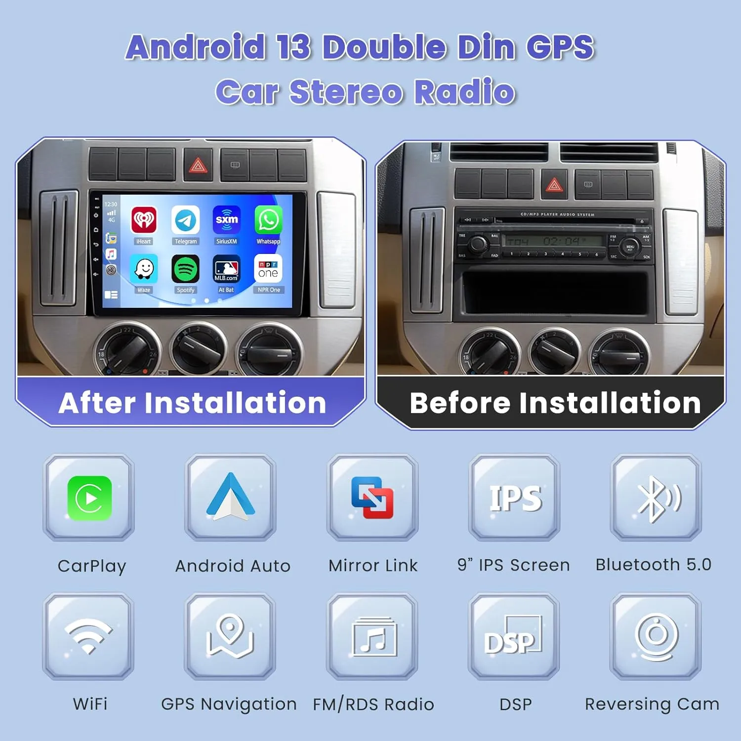 【6 128GB 8 Core】 Hikity Android 13 Car Stereo Double Din Radio with Wireless Carplay Android Auto, 9 Inch IPS Touch Screen Radio Bluetooth 5.0, GPS, WiFi, 32EQ DSP, 59 UI, SWC, Mic, AHD Backup Cam
