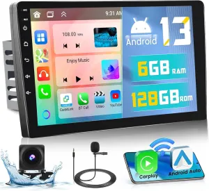 【6 128GB 8 Core】 Hikity Android 13 Car Stereo Double Din Radio with Wireless Carplay Android Auto, 9 Inch IPS Touch Screen Radio Bluetooth 5.0, GPS, WiFi, 32EQ DSP, 59 UI, SWC, Mic, AHD Backup Cam