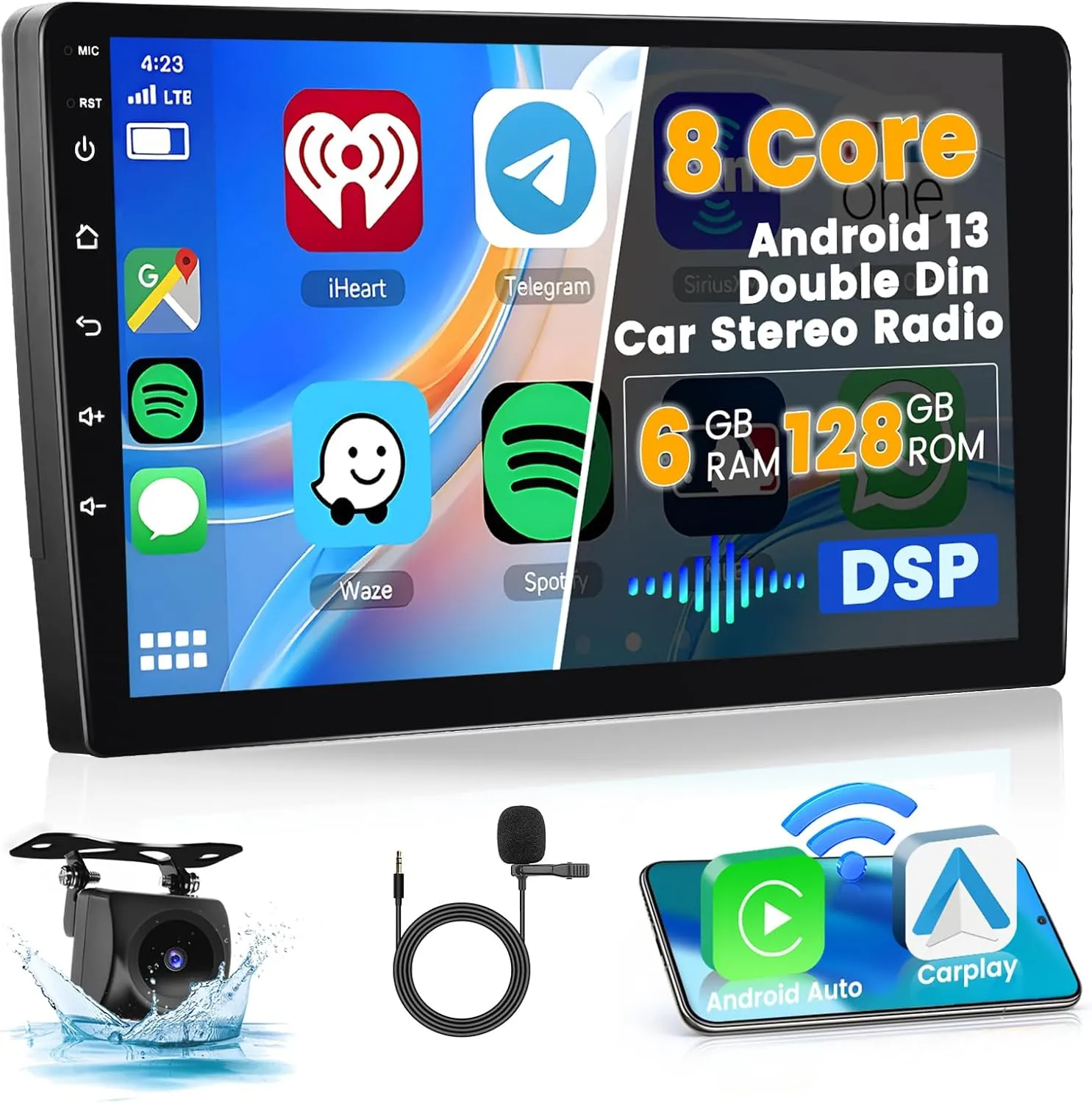 【6 128GB 8 Core】 Hikity Android 13 Car Stereo Double Din Radio with Wireless Carplay Android Auto, 9 Inch IPS Touch Screen Radio Bluetooth 5.0, GPS, WiFi, 32EQ DSP, 59 UI, SWC, Mic, AHD Backup Cam