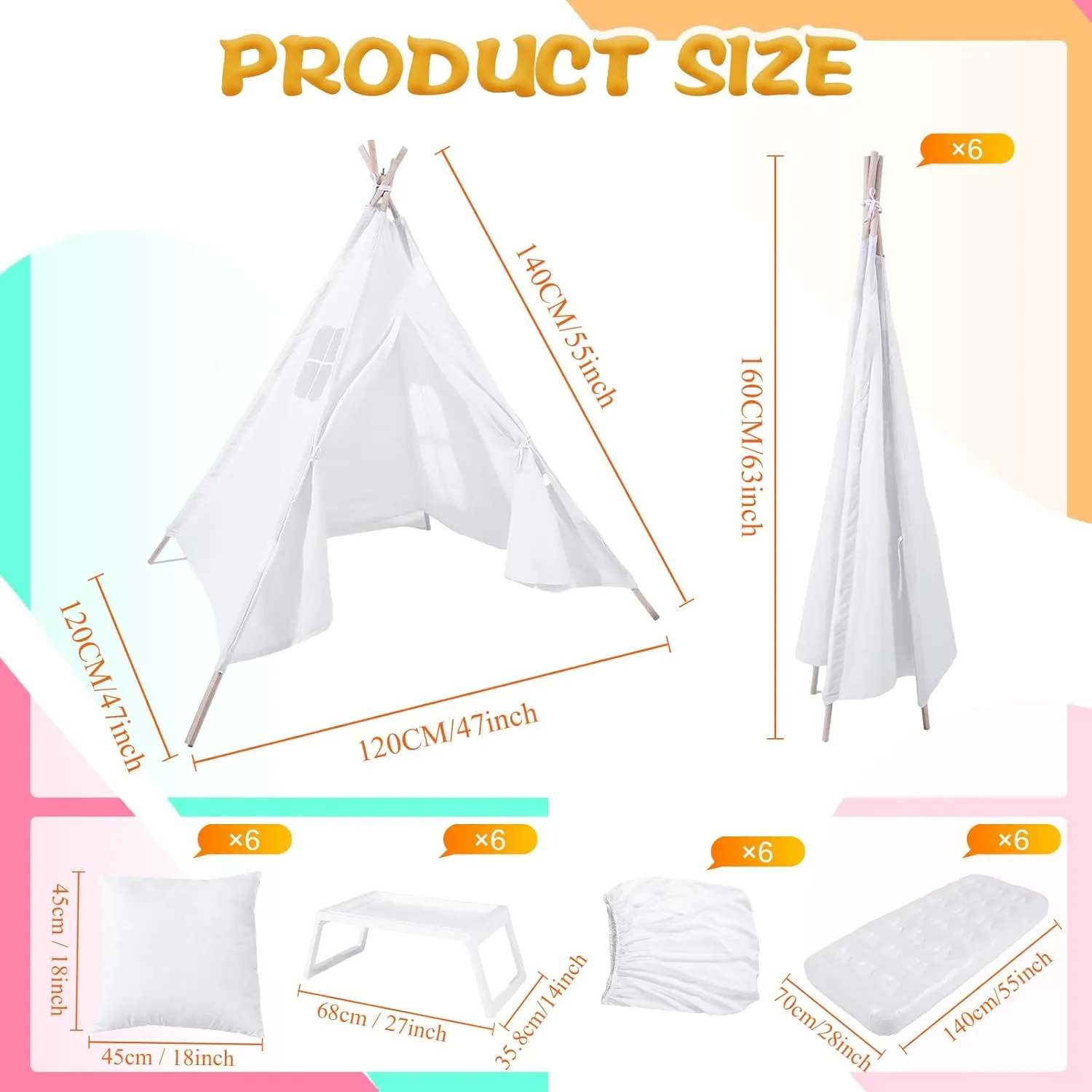 6 Sets Kids Teepee Tent with Inflatable Airbed, Bed Tray Table, Fitted Sheet and Pillow Insert Toddler Play Tent for Boy Girl Indoor Outdoor Slumber Sleepover Party
