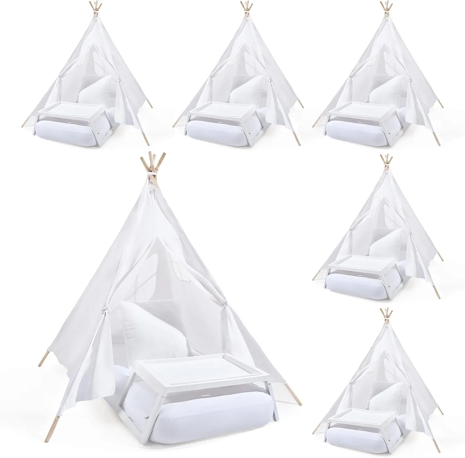 6 Sets Kids Teepee Tent with Inflatable Airbed, Bed Tray Table, Fitted Sheet and Pillow Insert Toddler Play Tent for Boy Girl Indoor Outdoor Slumber Sleepover Party