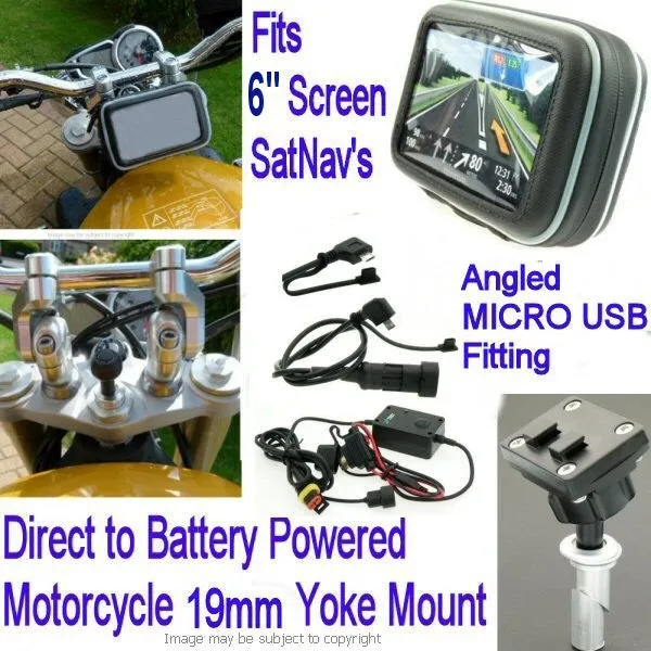 6inch GPS SatNav Motorcycle Angled MICRO USB Powered 19mm Yoke Mount (sku 14166)