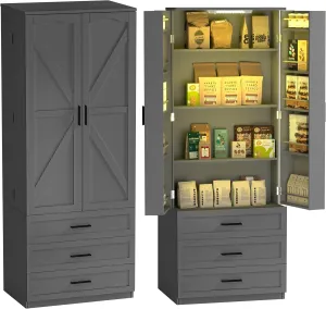 72" LED Kitchen Pantry Cabinet with 3 Drawers Farmhouse Tall Storage Cabinet Wood Food Pantry with Barn Doors and Adjustable Shelves Versatile Storage Freestanding Cupboard for Kitchen