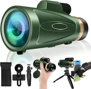 80X100 HD Monocular Telescope, High Powered BAK-4 Prism Compact Monoculars for Adults, Larger Vision Monocular for Bird Watching Hunting Hiking Camping Travelling, Green