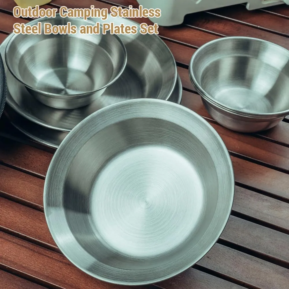 8pcs Camping Tableware Sets Reusable Stainless Steel Plates and Bowls for Camping Hiking