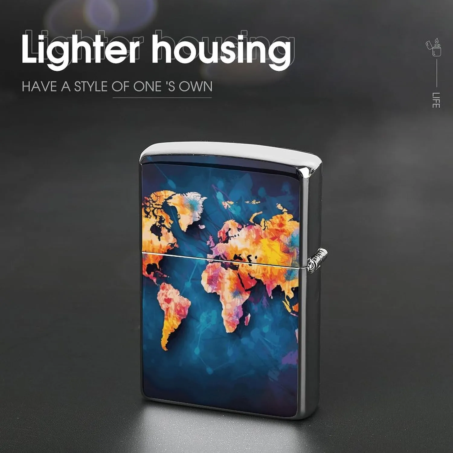 Abstract World Map Lighter Case, Personalized Double-Sided Graffiti Lighter Protective Cover, Stylish Metal Lighters Sleeve for Men Women