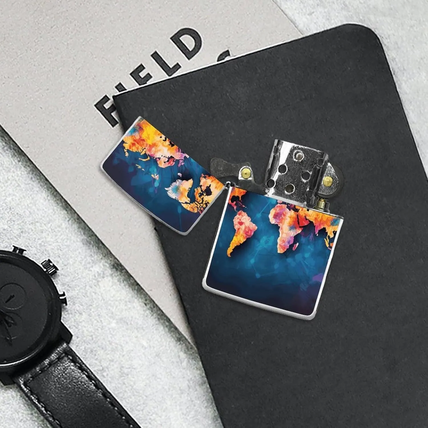 Abstract World Map Lighter Case, Personalized Double-Sided Graffiti Lighter Protective Cover, Stylish Metal Lighters Sleeve for Men Women