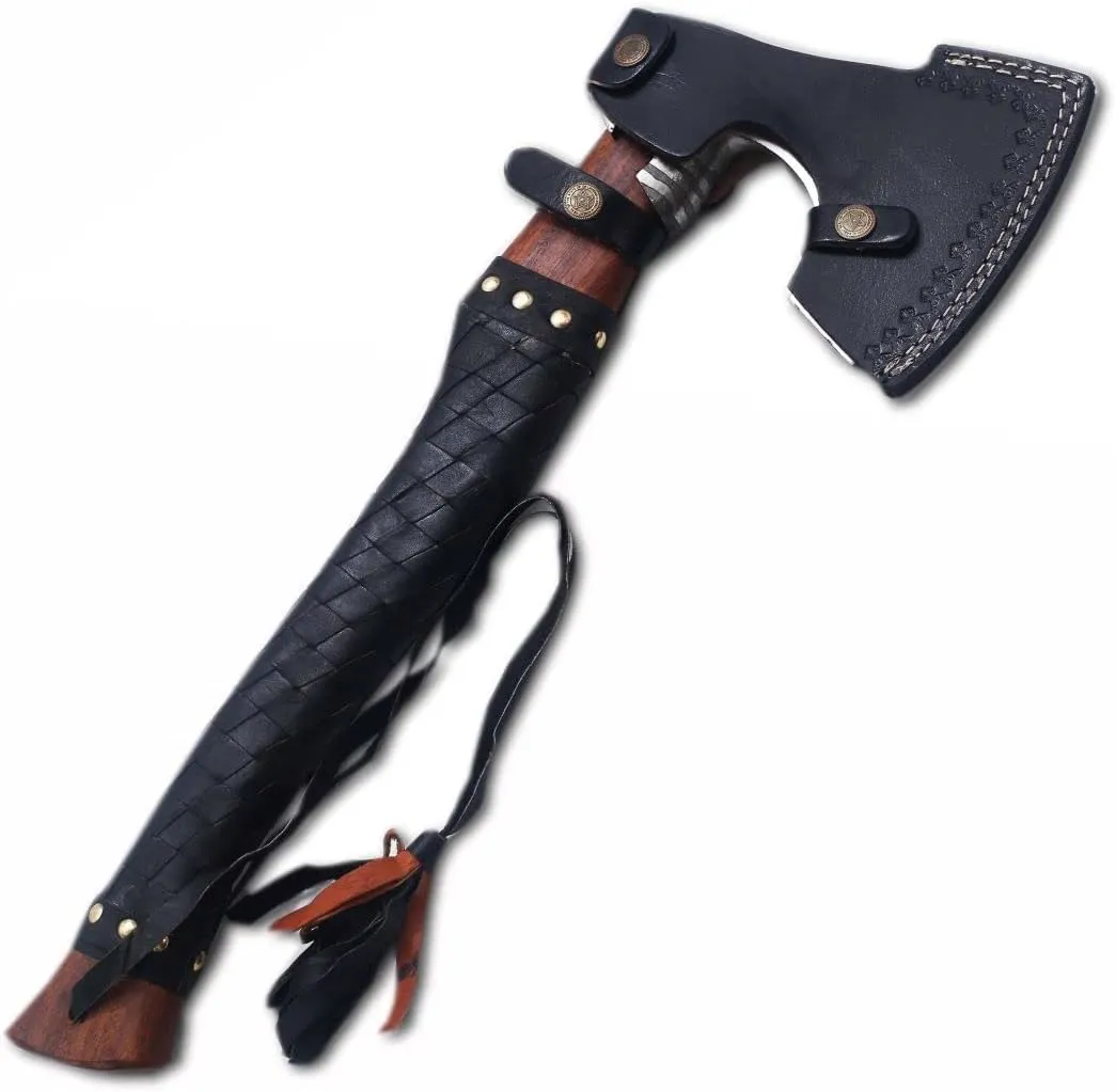 Ad&sons Axe, Viking Axe, Custom Handmade Carbon Steel Camping Axe, Wood Handle, Bearded Axe, Camping Hatchet with Sheath, 17.5 Inches Ax