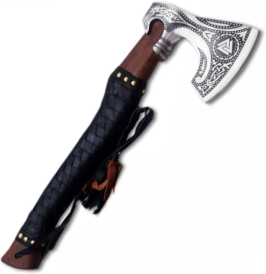 Ad&sons Axe, Viking Axe, Custom Handmade Carbon Steel Camping Axe, Wood Handle, Bearded Axe, Camping Hatchet with Sheath, 17.5 Inches Ax