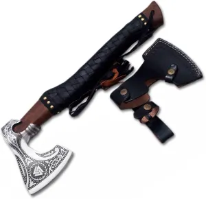Ad&sons Axe, Viking Axe, Custom Handmade Carbon Steel Camping Axe, Wood Handle, Bearded Axe, Camping Hatchet with Sheath, 17.5 Inches Ax