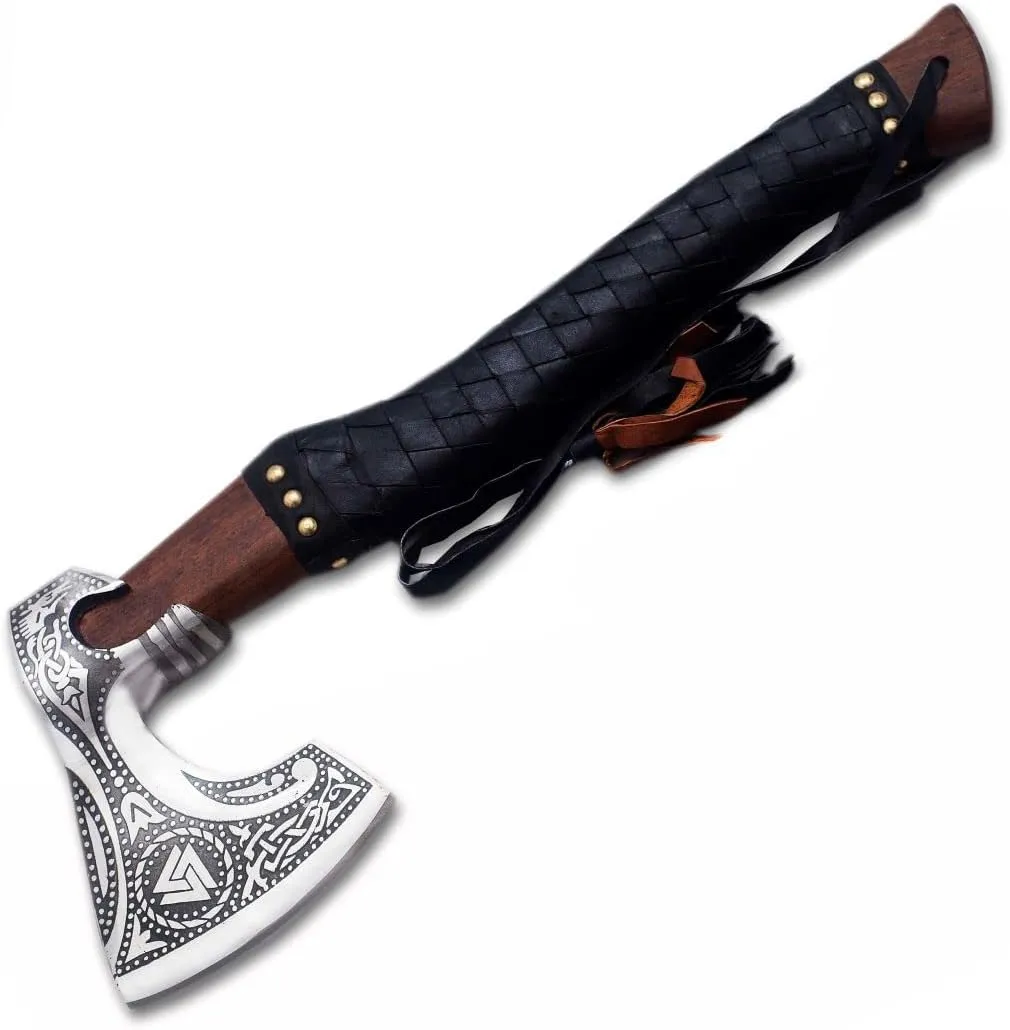 Ad&sons Axe, Viking Axe, Custom Handmade Carbon Steel Camping Axe, Wood Handle, Bearded Axe, Camping Hatchet with Sheath, 17.5 Inches Ax