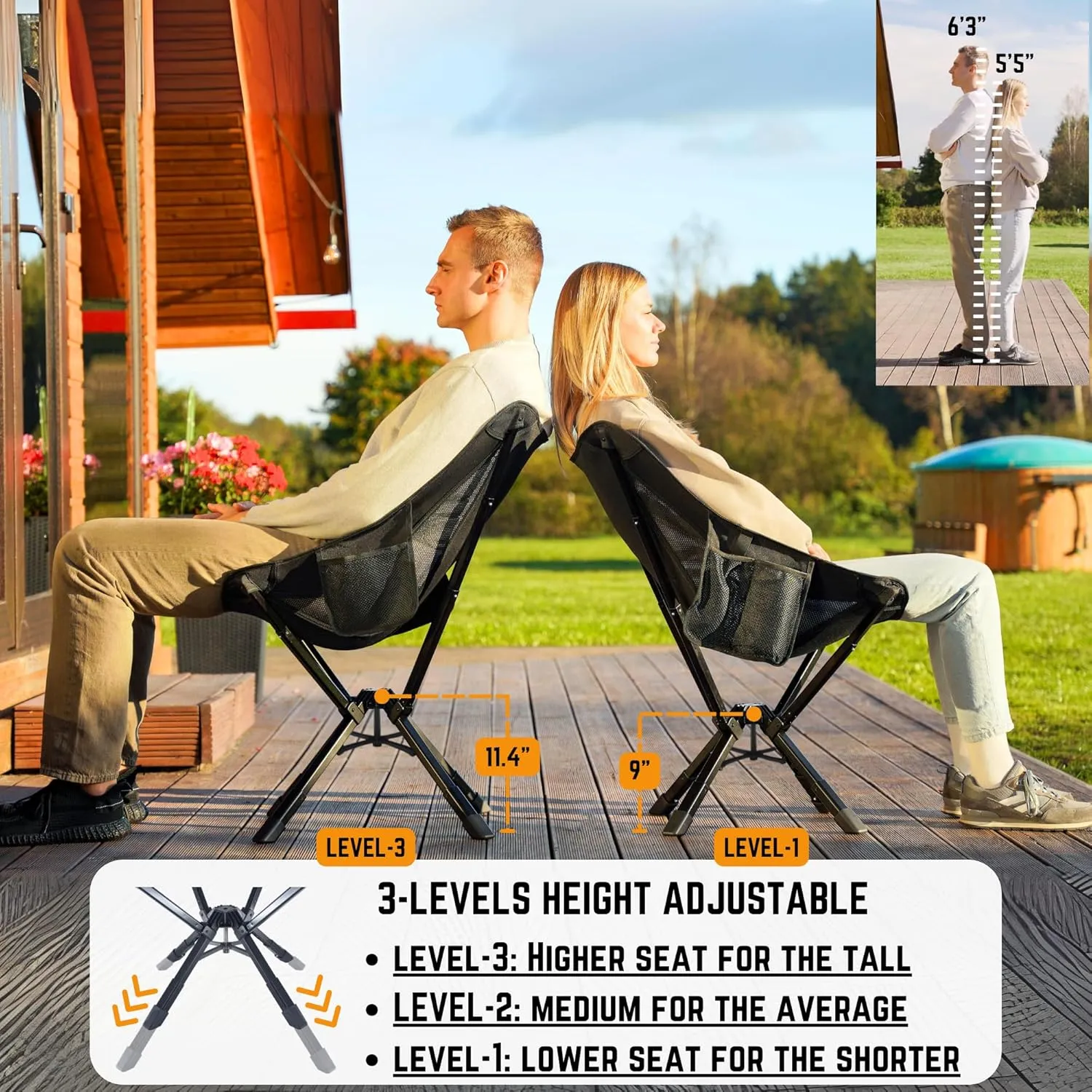 ADJ-Q2 Portable Camping Chair - Adjustable Height Folding Chair, Compact Collapsible Chair, Heavy Duty Outdoor Chair for Camping, Beach, Sports, Supports 350LBS, Leg-Base Enhanced - Black 2025 Edition