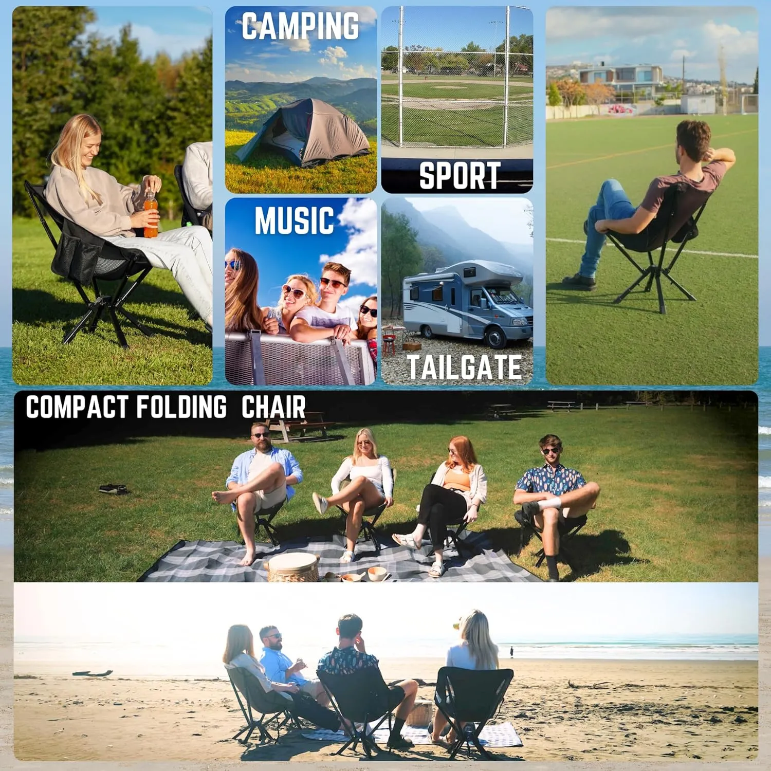 ADJ-Q2 Portable Camping Chair - Adjustable Height Folding Chair, Compact Collapsible Chair, Heavy Duty Outdoor Chair for Camping, Beach, Sports, Supports 350LBS, Leg-Base Enhanced - Black 2025 Edition