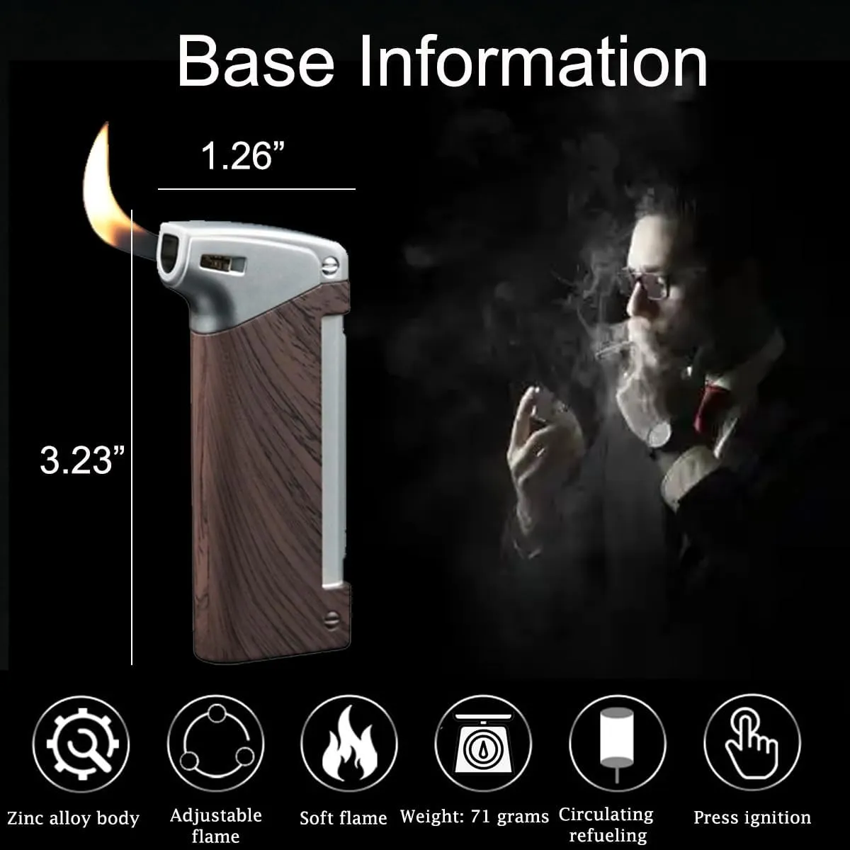 Adjustable Soft Flame Lighters, Cool Metal Gas Lighter, Open Flame Refillable Butane Lighter, Unique Creative Lightrt Gift for Men Women (Without Butane) (Wood)