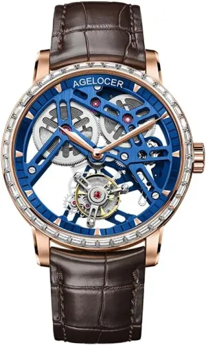 AGELOCER Men's Luxury Mechanical Watch with Tourbillon | Skeleton Manual Watches for Men | Waterproof Dress Watch for Business & Formal Occasions | Sapphire Glass | 50M Water Resistant (Black-Gold)