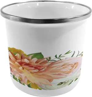 Ambesonne Anemone Flower Metal Camping Cup, Garden Rose Dahlia Forest Meadow Bedding Plants Leaves Mix, Stainless Steel Mug for Indoor and Outdoor Activities, Salmon Fern Green Khaki