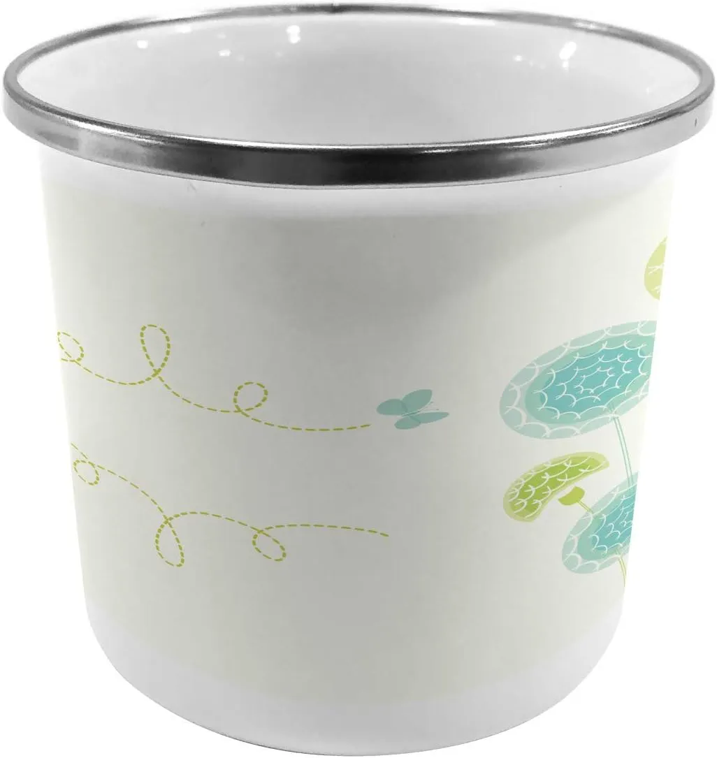 Ambesonne Dandelion Steel Camping Mug, Hand Drawn Bedding Plants with Butterflies Swirl Lines and Circles, Printed Thermal Cup for Camping and Outdoor Activities, Pale Green Sky Blue