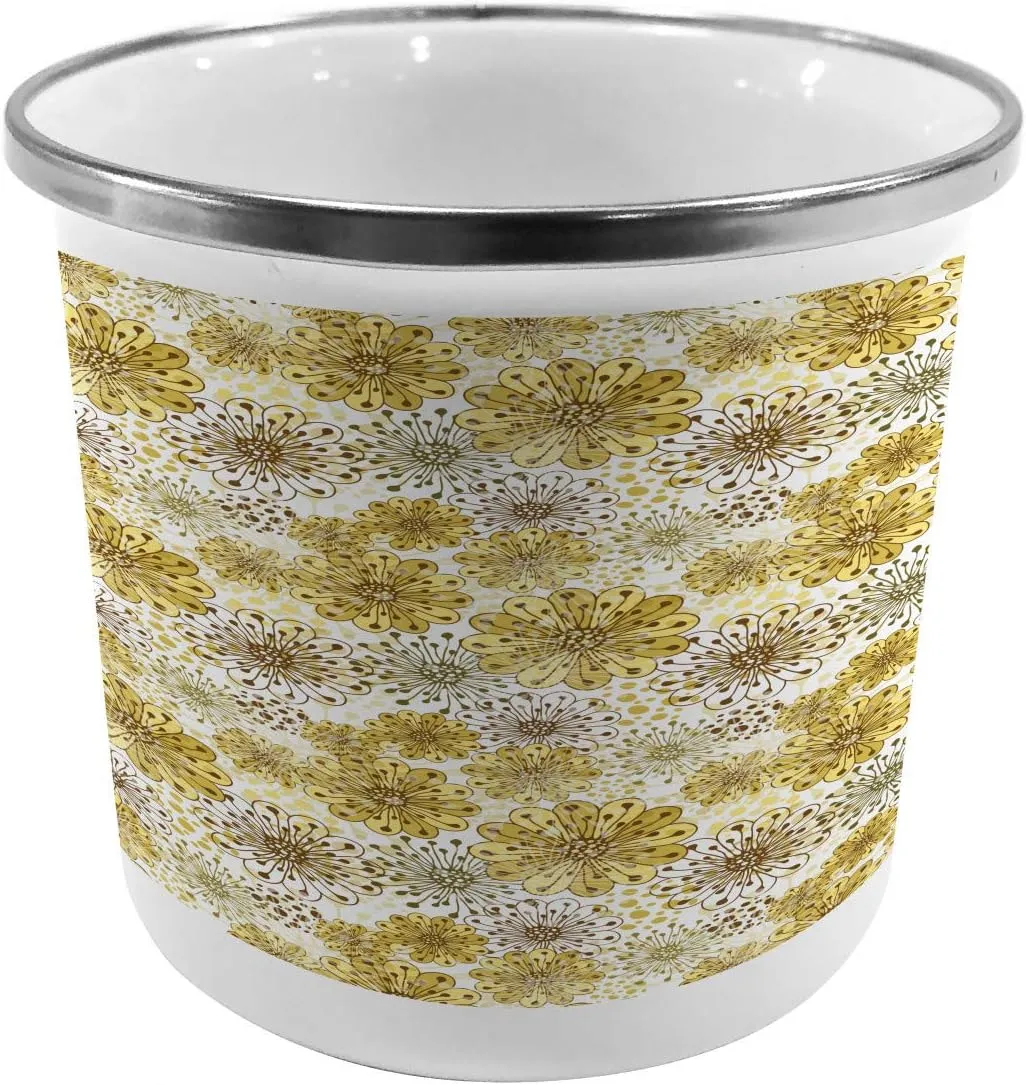 Ambesonne Floral Steel Camping Mug, Blossoms Petals Modern Dots Abstract Bedding Plants Gardening, Printed Thermal Cup for Camping and Outdoor Activities, Khaki Brown White