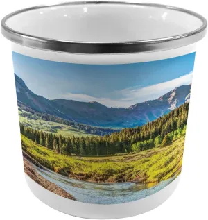 Ambesonne Landscape Steel Camping Mug, Mountain Vista Thick Forest Trees Mountain Flowing River Grass Cloudy Sky Valley, Printed Thermal Cup for Camping and Outdoor Activities, Multicolor