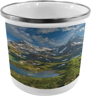 Ambesonne Mountain Steel Camping Mug, Lake Between Snowy Altai Range of Mountains Siberia Meadow Natural Artwork Print, Printed Thermal Cup for Camping and Outdoor Activities, Multicolor