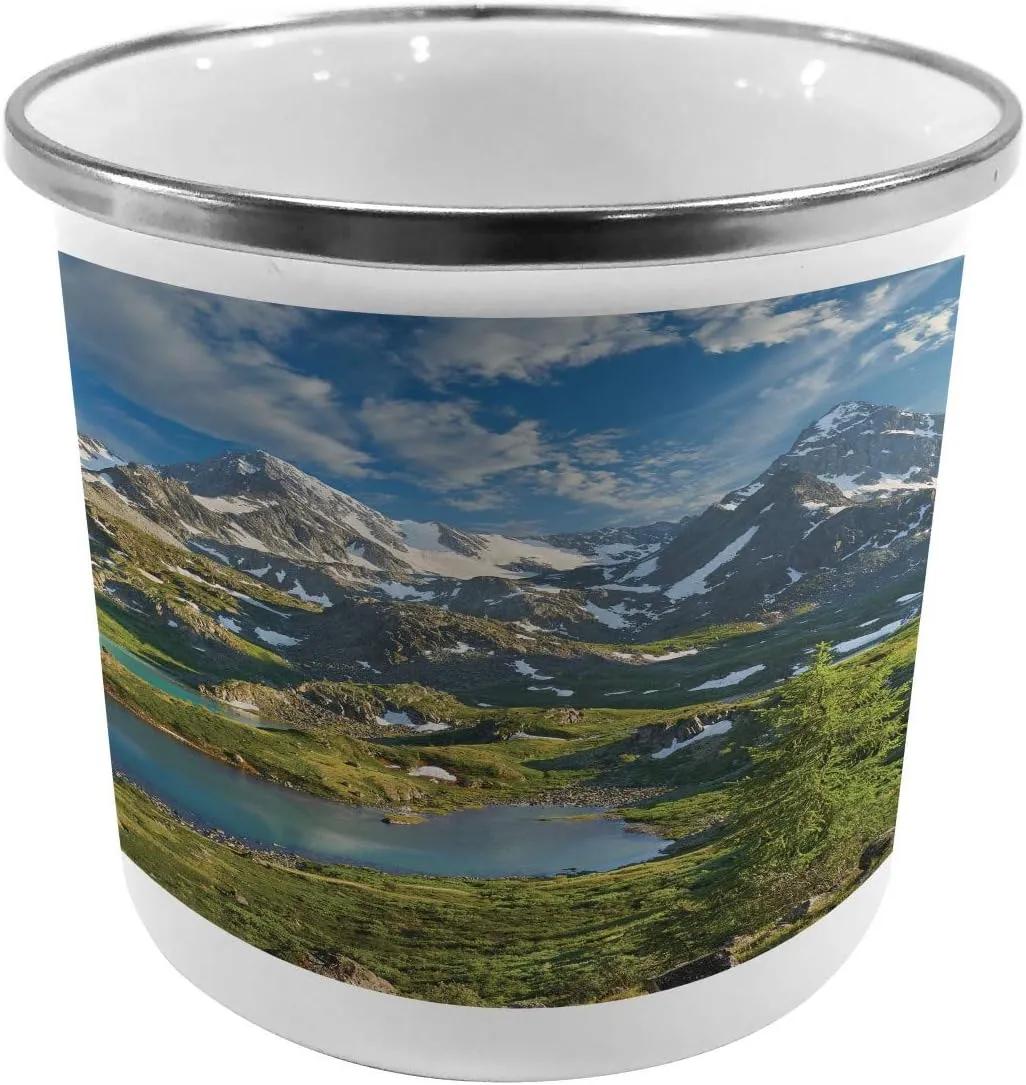 Ambesonne Mountain Steel Camping Mug, Lake Between Snowy Altai Range of Mountains Siberia Meadow Natural Artwork Print, Printed Thermal Cup for Camping and Outdoor Activities, Multicolor