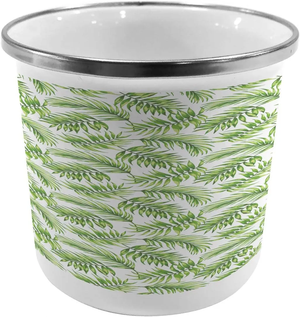 Ambesonne Palm Leaf Metal Camping Cup, Exotic Pattern with Tropical Leaves in Watercolor Art Style Jungle Luau Hawaii, Stainless Steel Mug for Indoor and Outdoor Activities, Fern Green