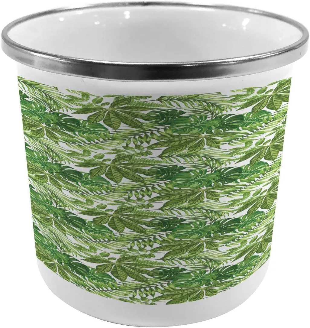 Ambesonne Palm Leaf Steel Camping Mug, Mix of Jungle Foliage Leaves Madagascar Aloha Botanical Forest Plant, Printed Thermal Cup for Camping and Outdoor Activities, Green Olive Green White