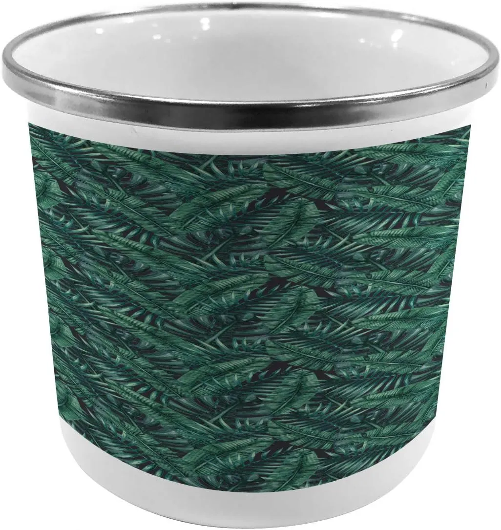 Ambesonne Palm Leaf Steel Camping Mug, Watercolor Tropical Jungle Leaves Pattern Fresh Rainforest Hawaii Summer, Printed Thermal Cup for Camping and Outdoor Activities, Dark Green Black