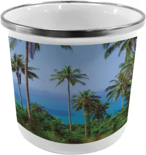Ambesonne Palm Tree Steel Camping Mug, Ocean Scene from Jungle Tropical Picture of Paradise in Nature Theme, Printed Thermal Cup for Camping and Outdoor Activities, Blue Green