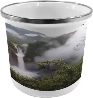 Ambesonne Rainforest Metal Camping Cup, San Rafael Falls Ecuador Misty Natural Waterfall in Jungle Landmark Scene, Stainless Steel Mug for Indoor and Outdoor Activities, 11 OZ, Green Grey