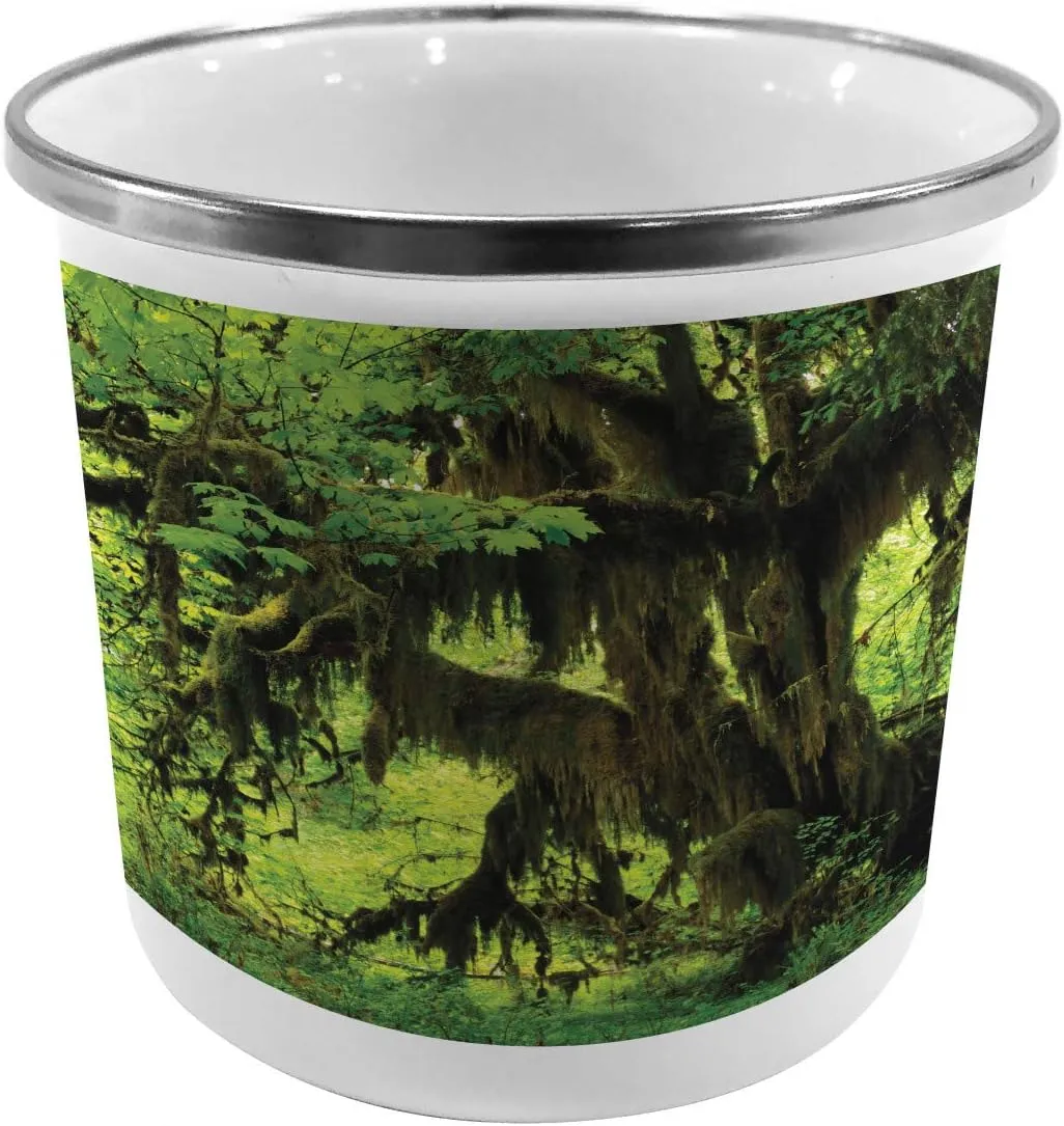 Ambesonne Rainforest Steel Camping Mug, Tree with Moss in The Jungle Natural Life Feng Shui Silent Plants Pattern, Printed Thermal Cup for Camping and Outdoor Activities, Green Brown