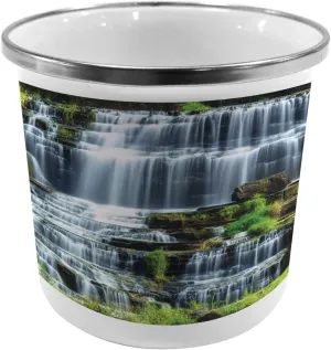 Ambesonne Rainforest Steel Camping Mug, Waterfall in The Middle of Tropical Jungle Natural Scenery Countryside Style, Printed Thermal Cup for Camping and Outdoor Activities, Green White