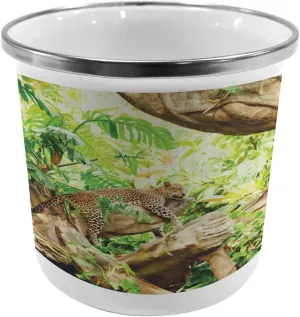 Ambesonne Savannah Steel Camping Mug, Leopard on The Branch in Savannah Exotic Macro Tropical Leaf Jungle Wild Nature, Printed Thermal Cup for Camping and Outdoor Activities, Brown Green