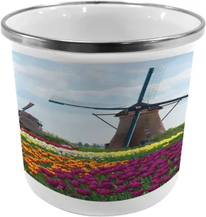Ambesonne Windmill Metal Camping Cup, Bedding Plants of Netherlands Farm Country Heritage Historical Architecture Theme, Stainless Steel Mug for Indoor and Outdoor Activities, Multicolor