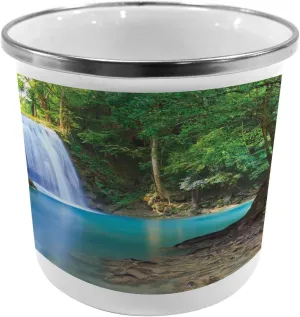Ambesonne Woodland Metal Camping Cup, Waterfall Asia Thailand Jungle Tropic Plants Trees Tourist Attraction, Stainless Steel Mug for Indoor and Outdoor Activities, Turquoise Green Brown