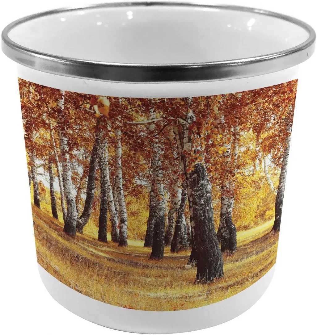 Ambesonne Woodland Steel Camping Mug, Jungle in Fall with Yellow Birches and Dry Herb Autumn Leaves Warm Weather Photo, Printed Thermal Cup for Camping and Outdoor Activities, Orange Brown
