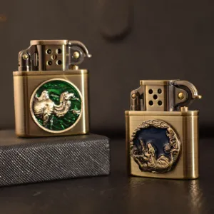 Antique Bronze Enameled Animal Pattern Refillable Kerosene Lighter