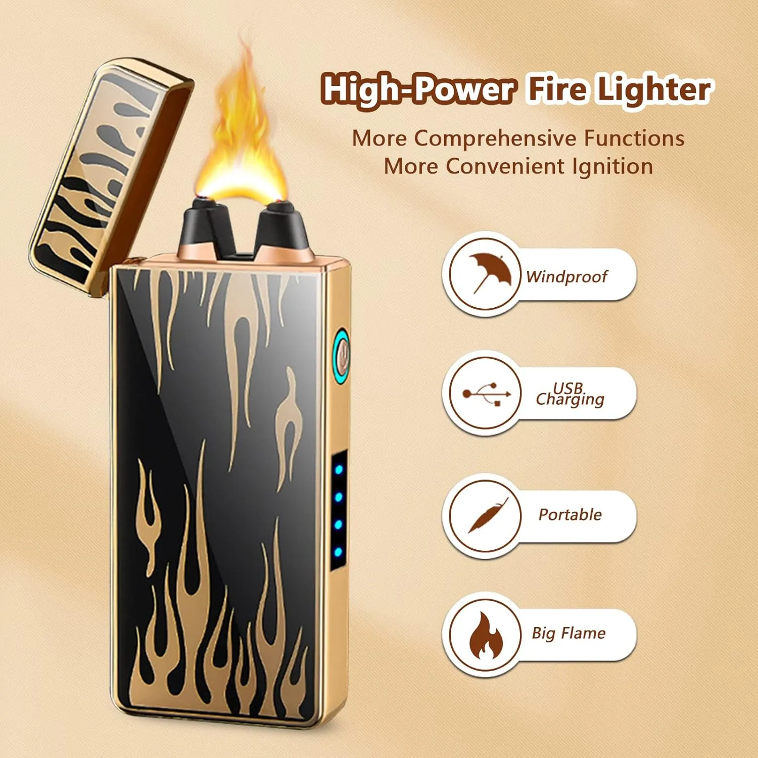 Arc Plasma Lighter Electric Lighters USB Rechargeable Windproof Flame Lighter with LED Battery Indicator(Flame)