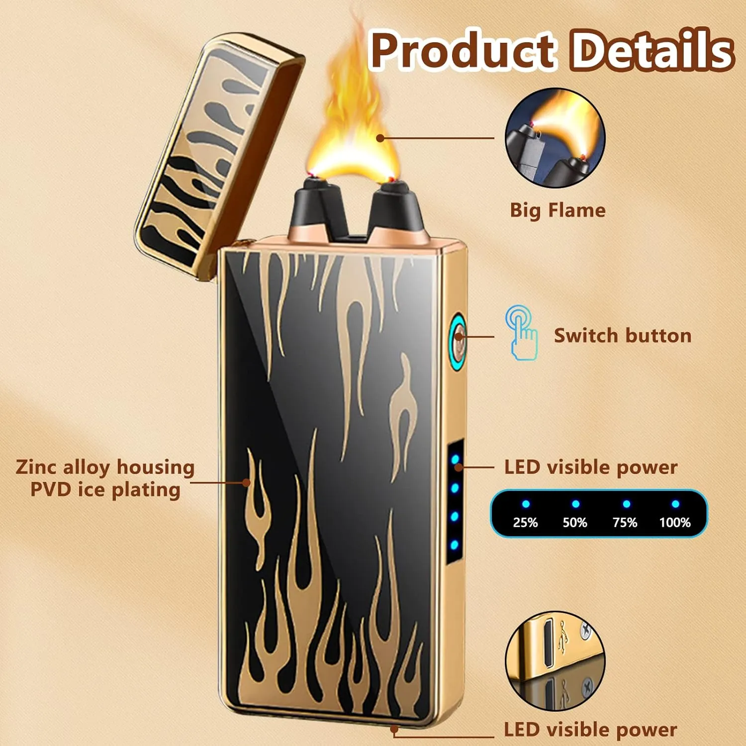 Arc Plasma Lighter Electric Lighters USB Rechargeable Windproof Flame Lighter with LED Battery Indicator(Flame)