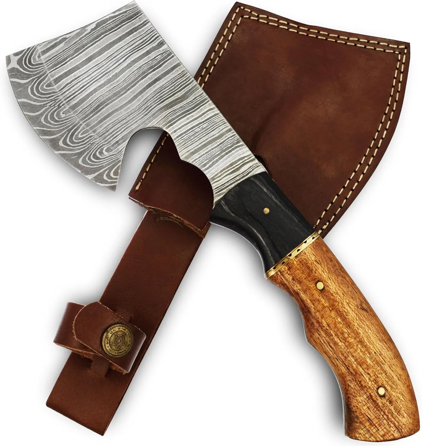 Armory Replicas™ Velocity in Target Throwing Axe - Full Tang Tomahawk with Damascus Steel Blade, Cherry & Ash Wood Handle, 9.5 Inches Overall Length, Includes Genuine Leather Sheath