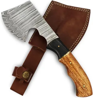Armory Replicas™ Velocity in Target Throwing Axe - Full Tang Tomahawk with Damascus Steel Blade, Cherry & Ash Wood Handle, 9.5 Inches Overall Length, Includes Genuine Leather Sheath