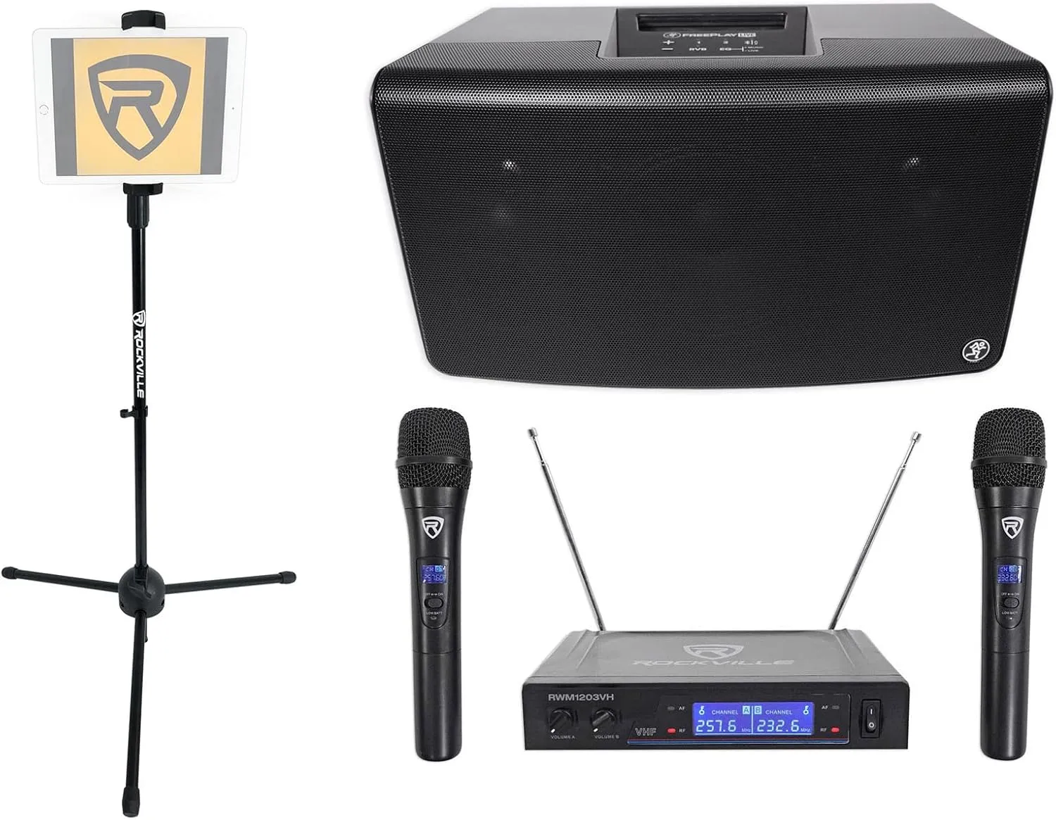 Audiosavings Bundle: Mackie FreePlay Live 150w 6" Rechargeable DJ PA Speaker Bundle with Rockville iStand 20 Tablet Stand, RWM1203VH VHF Wireless Dual Handheld Microphone System (3 Items)