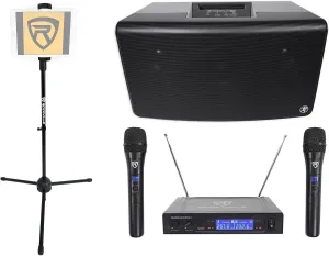 Audiosavings Bundle: Mackie FreePlay Live 150w 6" Rechargeable DJ PA Speaker Bundle with Rockville iStand 20 Tablet Stand, RWM1203VH VHF Wireless Dual Handheld Microphone System (3 Items)