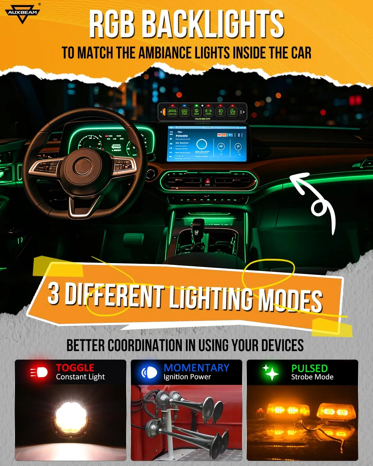 Auxbeam 6 Gang Slim Switch Panel RGB AS-R60 Toggle Momentary Pulsed Dimmable Backlight Multifunction Switch Panel with Memory Function for 12-24V Truck Offroad Car Marine Waterproof 2 Years Warranty