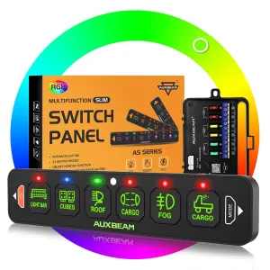 Auxbeam 6 Gang Slim Switch Panel RGB AS-R60 Toggle Momentary Pulsed Dimmable Backlight Multifunction Switch Panel with Memory Function for 12-24V Truck Offroad Car Marine Waterproof 2 Years Warranty