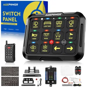 Auxpower 12 Gang Switch Panel B412 RGB Switch Panel with Wireless Remote Control Toggle Momentary Pulsed Remote Switch Panel 12V Automatic Dimmable Waterproof Switch Panel for Truck Car Marine Offroad